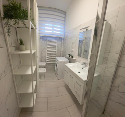 a bathroom with a toilet and a sink and a mirror at Appartamento Silva in Gorizia