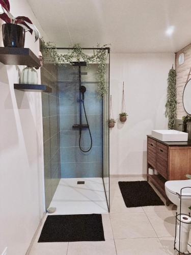 a shower with a glass door in a bathroom at Escapade bohème in Bergerac