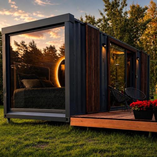 a black shipping container with a bed in the grass at Reborn Cabins in Pabaži