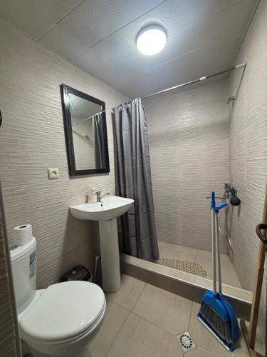 a bathroom with a toilet and a sink and a shower at Guesthouse Saba in Borjomi