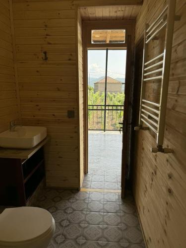 a bathroom with a toilet and a sink and a window at Winery Matisi in Babaneuri