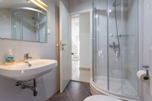 a bathroom with a shower and a sink and a toilet at Apartments Kutlic in Cavtat