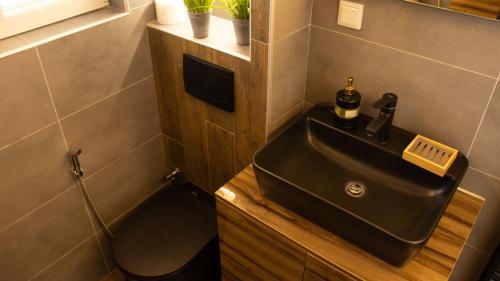 a bathroom with a black sink and a toilet at Villa Hipnotic in Sarajevo