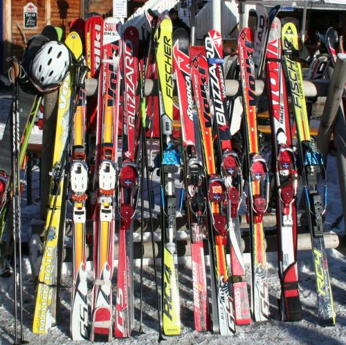 a bunch of skis are lined up on a rack at Almchalet in Stadl an der Mur