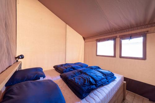 a bedroom with two beds in a small room at Camping de Haas in Wolphaartsdijk