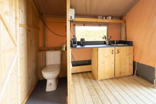 a small bathroom with a toilet and a sink at Camping de Haas in Wolphaartsdijk