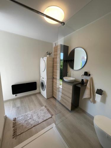 a bathroom with a refrigerator and a sink and a mirror at Vakantie Studio Mari Jani in Waterlandkerkje