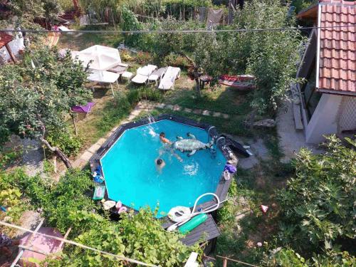 an overhead view of a swimming pool with two people in it at Варвара- Ятрус in Varvara