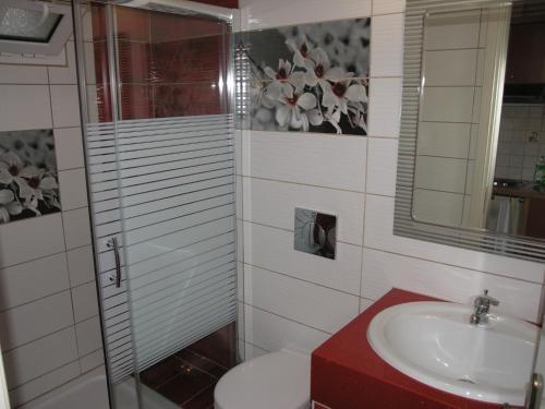 a bathroom with a shower and a toilet and a sink at Filoxenia Sea View in Parga