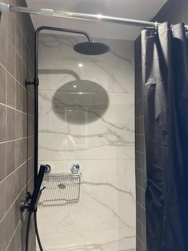 a shower with a glass door in a bathroom at Coquille in Nieuwpoort