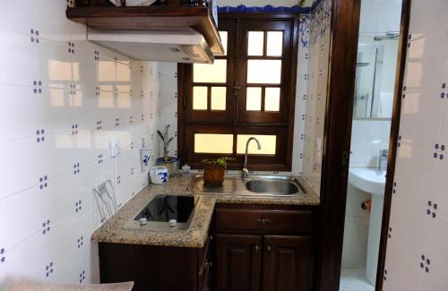 a small kitchen with a sink and a window at Gods Barn House in Viana do Castelo