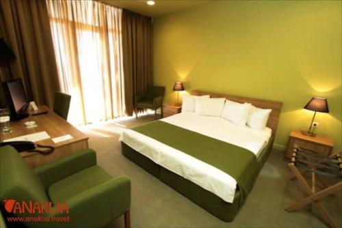 a bedroom with a bed and a chair and a desk at Hotel Anaklia in Zugdidi