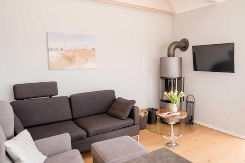 a living room with a couch and a tv at Ferienhaus Brückenblick 12 a in Fehmarnsund