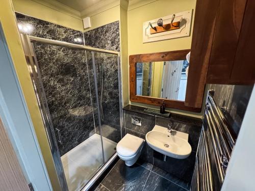 a bathroom with a shower and a toilet and a sink at 2 Bed Ground floor Apartment with parking in Auchterarder