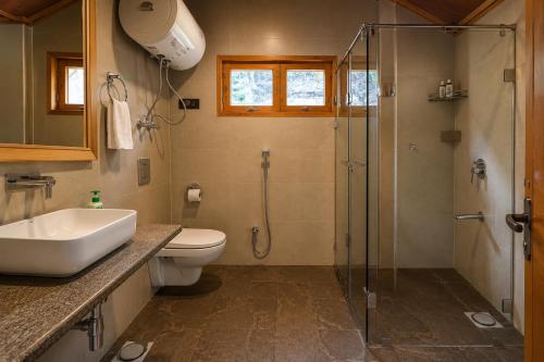a bathroom with a shower and a toilet and a sink at Shepherd Barn Pahalgam in Pahalgām