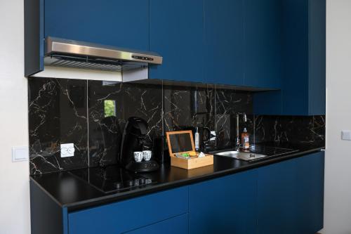 a kitchen with blue cabinets and a black counter top at Villa Bellevue Genève in Annemasse