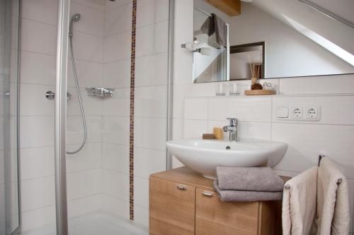 a bathroom with a sink and a shower at Pension Sperlhof in Erding