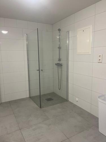 a shower with a glass door in a bathroom at Hammervatnet Ro in Levanger