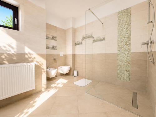 a bathroom with a shower and a toilet at Vila Panorama - Bunloc in Săcele