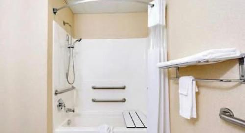 a bathroom with a shower and a bath tub at Magnason Hotel in West Liberty