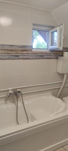 a bathroom with a bath tub with a window at Mirella apartman in Palić