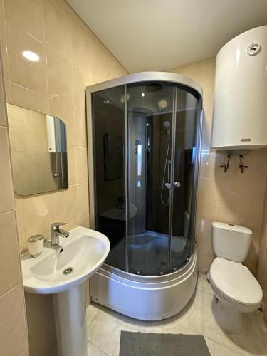 a bathroom with a shower and a sink and a toilet at Villa Bossa in Zatoka