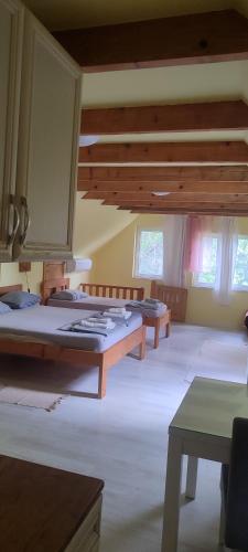 a large room with several beds in it at Mirella apartman in Palić