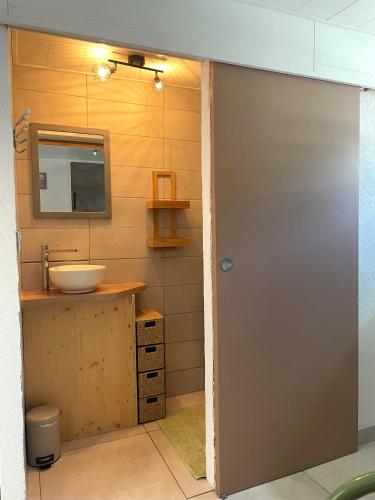 a bathroom with a sink and a mirror at Gîte 'A deux pas du ciné' in Maîche