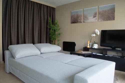 a bedroom with a bed and a flat screen tv at Zilte bries in Nieuwpoort
