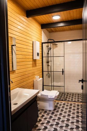 a bathroom with a shower and a toilet and a sink at Morrian Sapanca in Sapanca