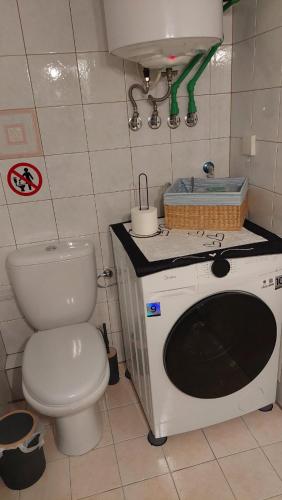 a bathroom with a toilet and a washing machine at Family House Kat in Ioannina