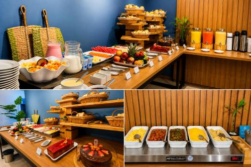 a table with many different types of food on it at Jardins Almare Apart Hotel in João Pessoa