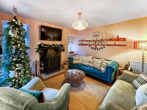 a living room with a christmas tree and a blue couch at Coast Away in Fraserburgh