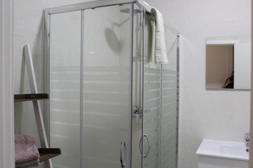 une douche en verre dans une salle de bain avec un lavabo dans l'établissement FADO Bairro Alto - SSs Apartments, à Lisbonne