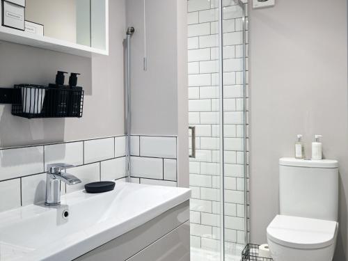 a white bathroom with a toilet and a sink at Green Acres in Llangollen