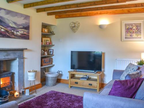 a living room with a tv and a fireplace at Alpine Cottage in Carperby