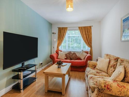 a living room with a flat screen tv and a couch at Spruce Cottage - Uk46875 in Hartland