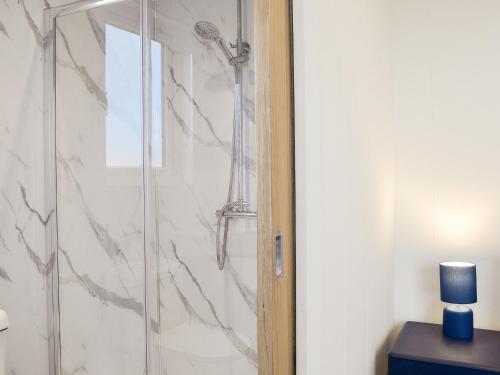 a shower in a bathroom with a glass door at Lime Tree Lodge in Castle Douglas
