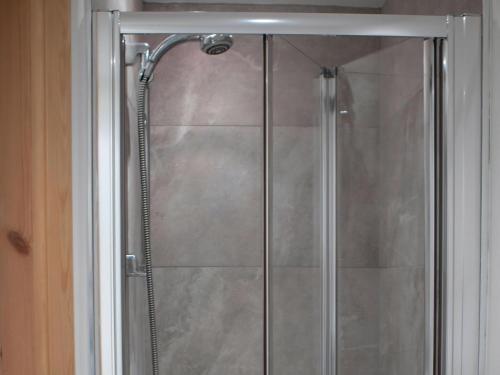 a shower with a glass door in a bathroom at Drumlanrig Mains Cottage - Uk7174 in Carronbridge