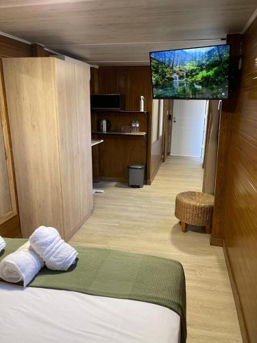 a bedroom with a bed and a flat screen tv at Habitacion Monteazul in El Casar de Talamanca