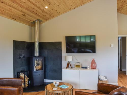 a living room with a wood burning stove at Hobby Lodge in Saint Columb Major