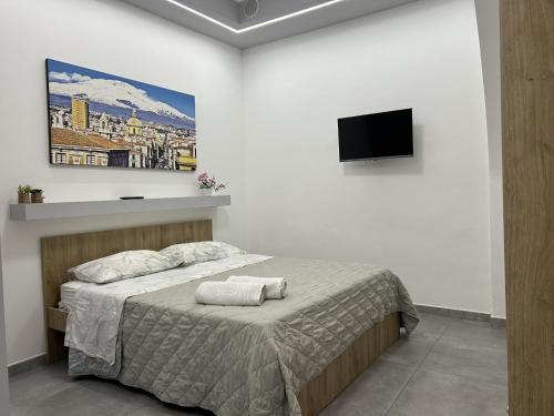 a bedroom with a bed and a flat screen tv at La Pescheria - Mini Apartments in Catania