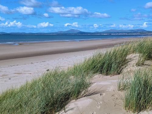 a sandy beach with grass and the ocean and mountains at Yr Efail - Hw7387 in Llanymawddwy