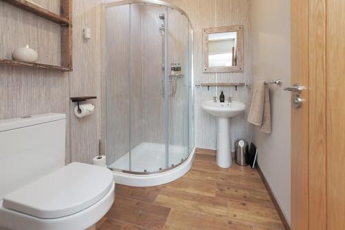 a bathroom with a shower and a toilet and a sink at Seaview Bed & Breakfast in Isle of Lewis