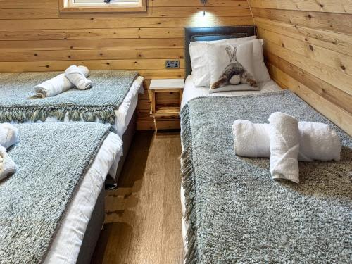two beds in a room with wooden walls at Lakeview Lodge- Uk40692 in Crowhurst
