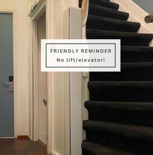 a sign that reads friendly remrider no liftulator next to stairs at Hotel Sphinx in Amsterdam