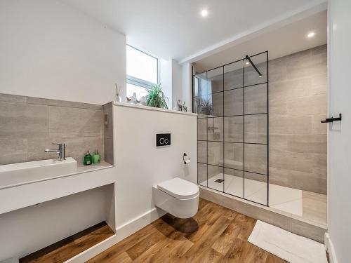 a bathroom with a shower and a toilet and a sink at The Village Hall in Consett