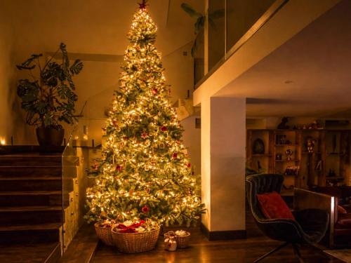 a christmas tree with lights in a living room at The Village Hall in Consett