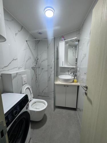 a white bathroom with a toilet and a sink at Green Oasis Budva in Prijevor