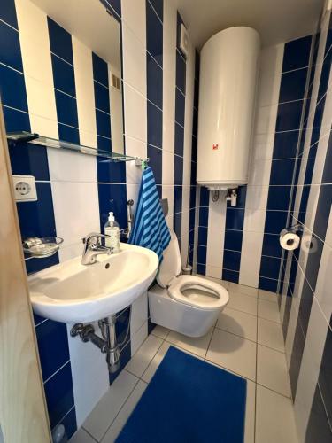 a blue and white bathroom with a toilet and a sink at Taikos 7 in Nida
